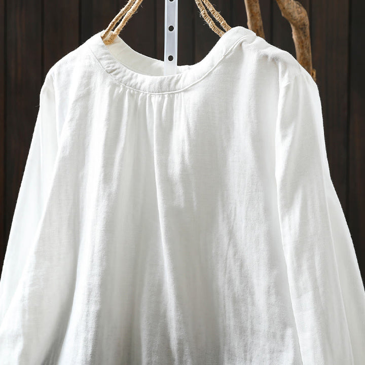 Buddha Stones秋 クルーネック バックボタンダウンデザイン 長袖 レディース コットンシャツ - image 14