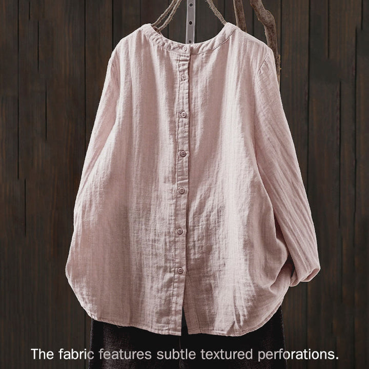 Buddha Stones秋 クルーネック バックボタンダウンデザイン 長袖 レディース コットンシャツ - image 1