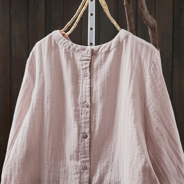 Buddha Stones秋 クルーネック バックボタンダウンデザイン 長袖 レディース コットンシャツ - image 5