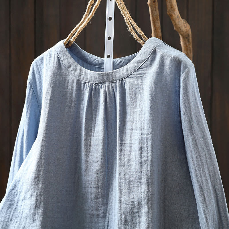 Buddha Stones秋 クルーネック バックボタンダウンデザイン 長袖 レディース コットンシャツ - image 12