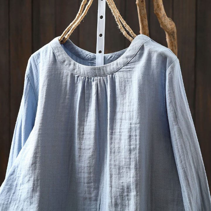 Buddha Stones秋 クルーネック バックボタンダウンデザイン 長袖 レディース コットンシャツ - image 12