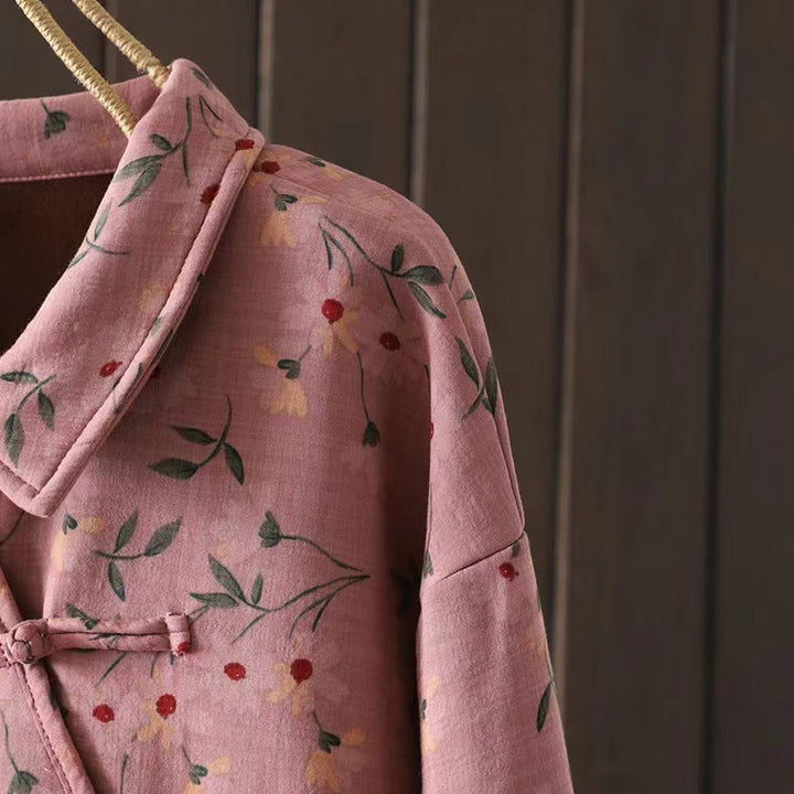 Buddha Stonesと冬の花、緑の葉、カエルボタンのスタンドカラー長袖レディースコットンシャツ - image 6