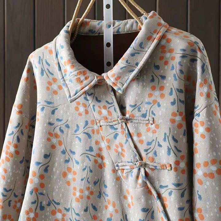 Buddha Stonesと冬の花、緑の葉、カエルボタンのスタンドカラー長袖レディースコットンシャツ - image 14