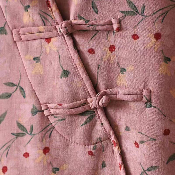 Buddha Stonesと冬の花、緑の葉、カエルボタンのスタンドカラー長袖レディースコットンシャツ - image 7