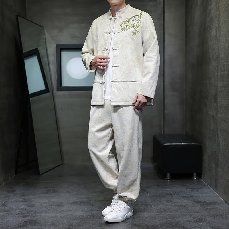 Buddha Stones 2点セット 春 龍 竹 雲 メンズ 唐装 カエルボタン コットン 長袖 ジャケット パンツ セット ポケット付き - リネン - US/UK/AU46、 EU56 (5XL) - image 0
