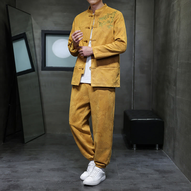 Buddha Stones 2点セット 春 龍 竹 雲 メンズ 唐装 カエルボタン コットン 長袖 ジャケット パンツ セット ポケット付き - 金 - US/UK/AU46、 EU56 (5XL) - image 8