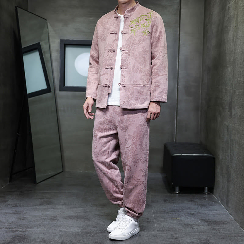 Buddha Stones 2点セット 春 龍 竹 雲 メンズ 唐装 カエルボタン コットン 長袖 ジャケット パンツ セット ポケット付き - ミスティローズ - US/UK/AU46、 EU56 (5XL) - image 30