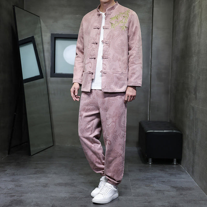 Buddha Stones 2点セット 春 龍 竹 雲 メンズ 唐装 カエルボタン コットン 長袖 ジャケット パンツ セット ポケット付き - ミスティローズ - US/UK/AU46、 EU56 (5XL) - image 30