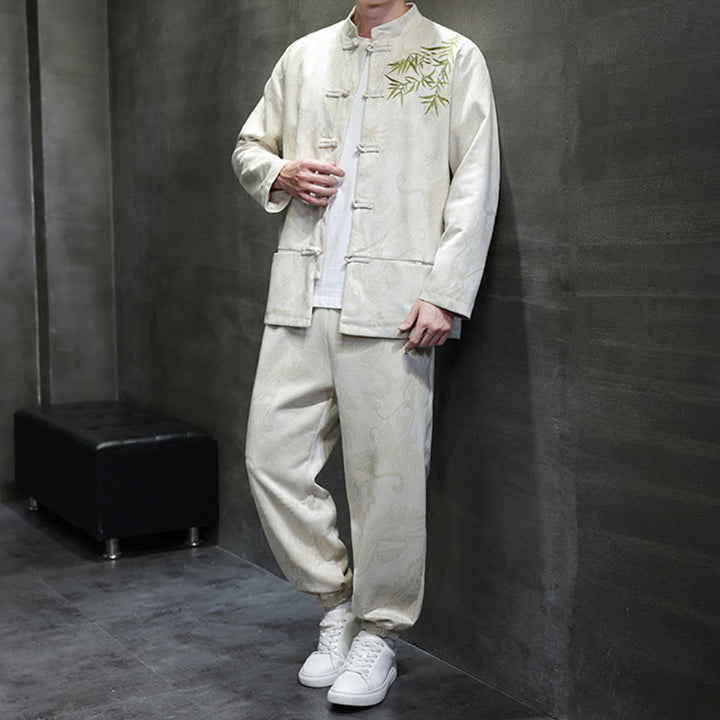 Buddha Stones 2点セット 春 龍 竹 雲 メンズ 唐装 カエルボタン コットン 長袖 ジャケット パンツ セット ポケット付き - image 2