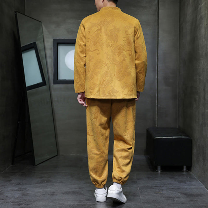Buddha Stones 2点セット 春 龍 竹 雲 メンズ 唐装 カエルボタン コットン 長袖 ジャケット パンツ セット ポケット付き - image 11