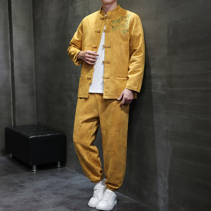 Buddha Stones 2点セット 春 龍 竹 雲 メンズ 唐装 カエルボタン コットン 長袖 ジャケット パンツ セット ポケット付き - image 13