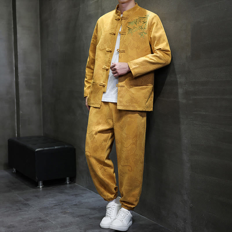 Buddha Stones 2点セット 春 龍 竹 雲 メンズ 唐装 カエルボタン コットン 長袖 ジャケット パンツ セット ポケット付き - image 12