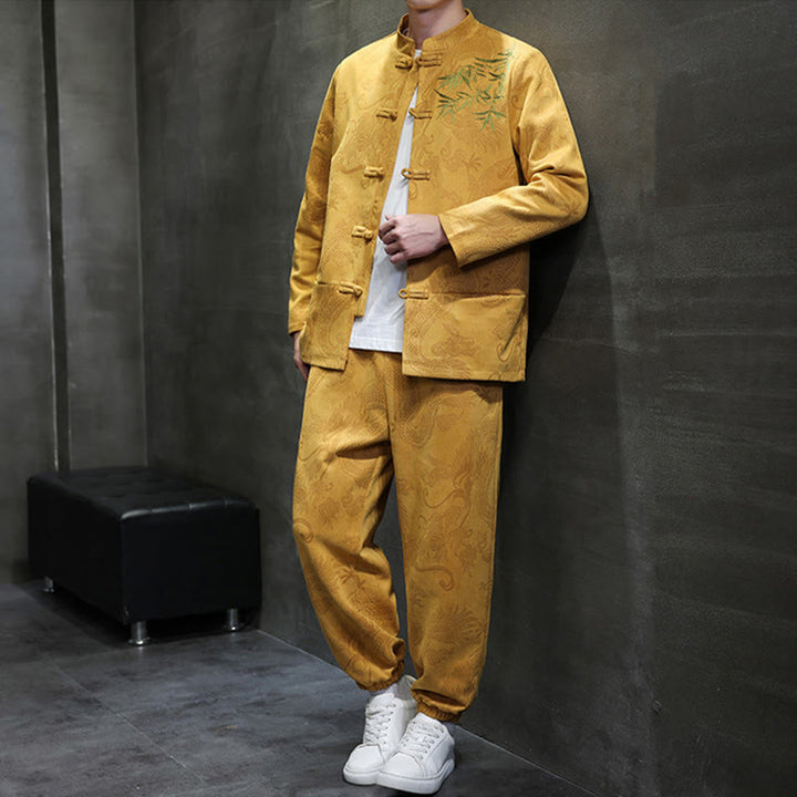 Buddha Stones 2点セット 春 龍 竹 雲 メンズ 唐装 カエルボタン コットン 長袖 ジャケット パンツ セット ポケット付き - image 12
