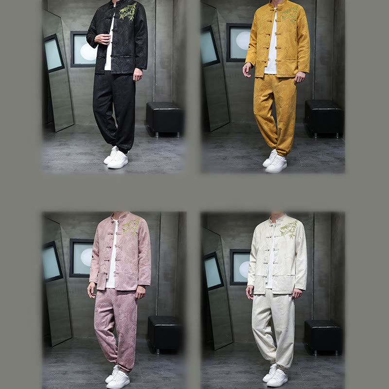 Buddha Stones 2点セット 春 龍 竹 雲 メンズ 唐装 カエルボタン コットン 長袖 ジャケット パンツ セット ポケット付き - image 39