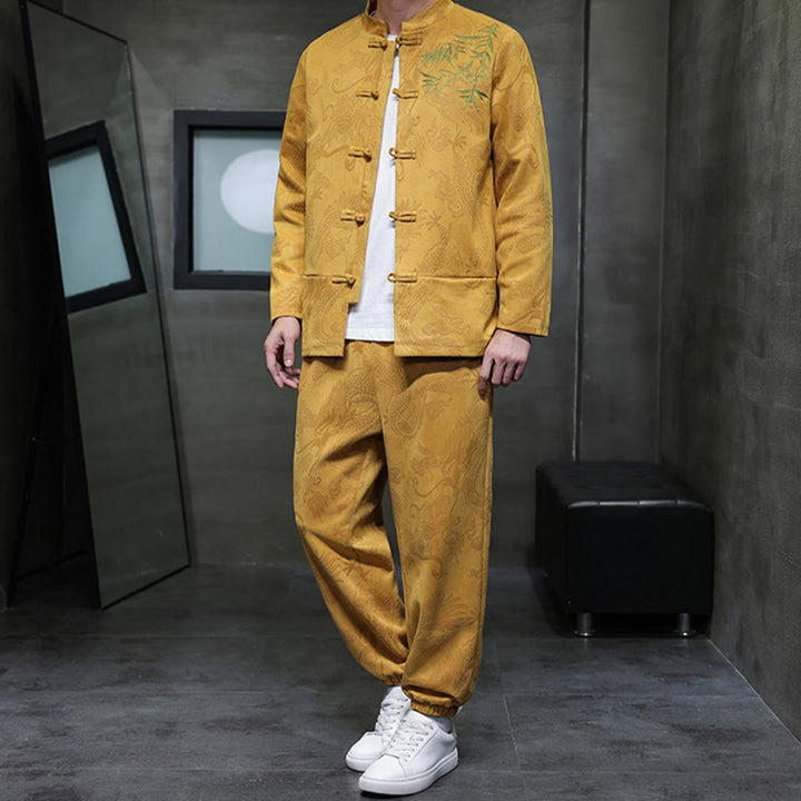 Buddha Stones 2点セット 春 龍 竹 雲 メンズ 唐装 カエルボタン コットン 長袖 ジャケット パンツ セット ポケット付き - image 15