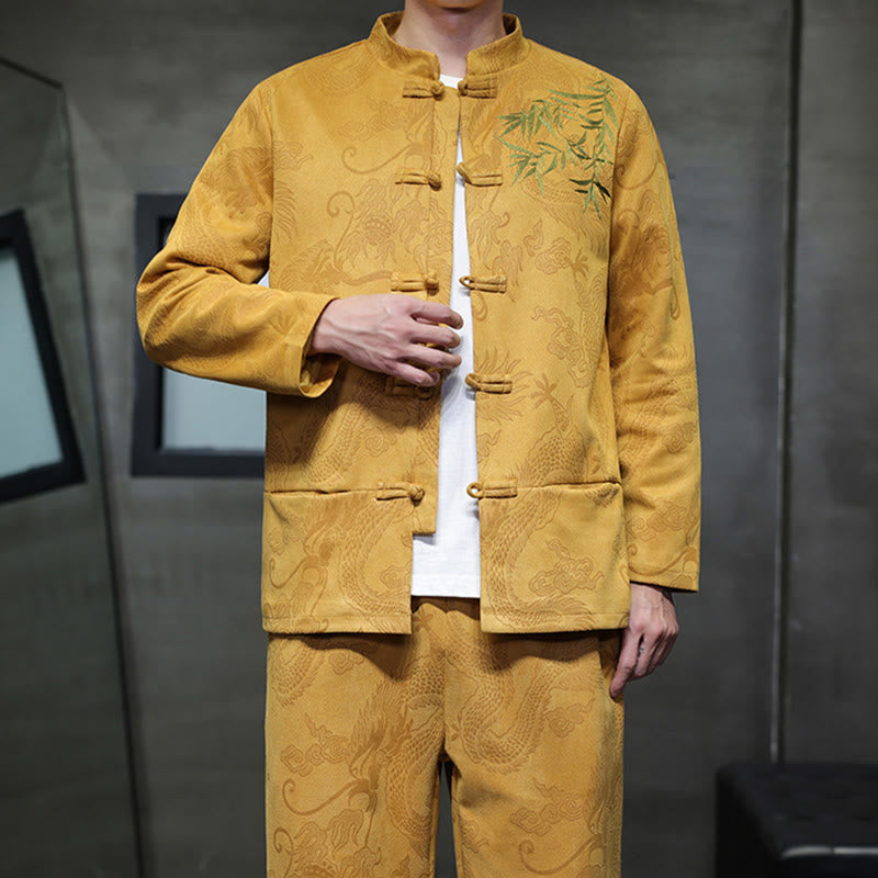 Buddha Stones 2点セット 春 龍 竹 雲 メンズ 唐装 カエルボタン コットン 長袖 ジャケット パンツ セット ポケット付き - image 17