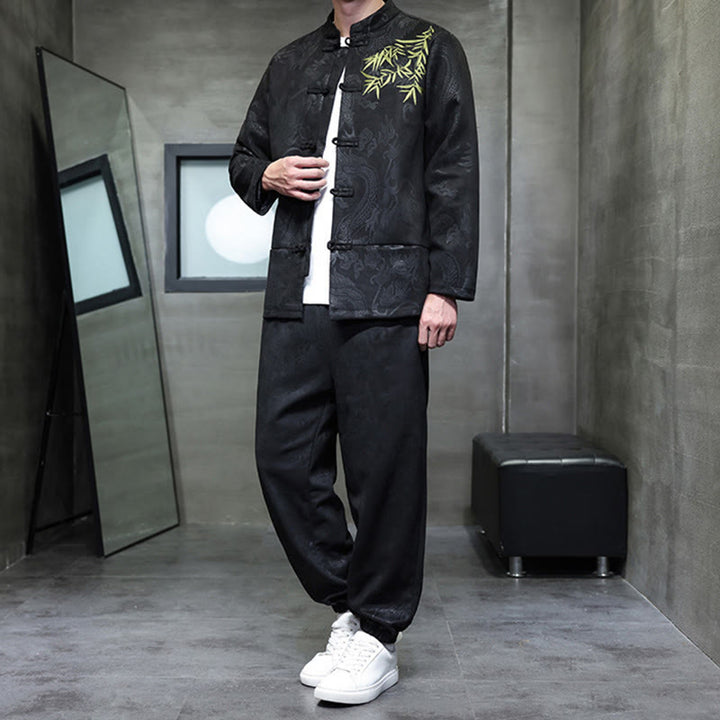 Buddha Stones 2点セット 春 龍 竹 雲 メンズ 唐装 カエルボタン コットン 長袖 ジャケット パンツ セット ポケット付き - image 28