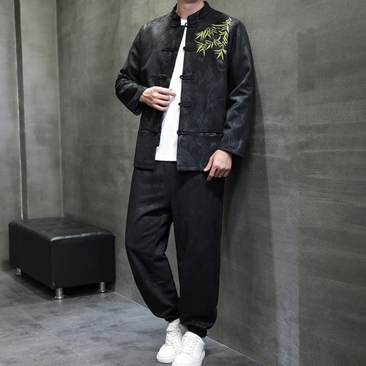 Buddha Stones 2点セット 春 龍 竹 雲 メンズ 唐装 カエルボタン コットン 長袖 ジャケット パンツ セット ポケット付き - image 25