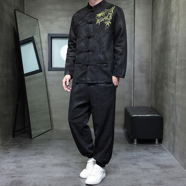 Buddha Stones 2点セット 春 龍 竹 雲 メンズ 唐装 カエルボタン コットン 長袖 ジャケット パンツ セット ポケット付き - image 26