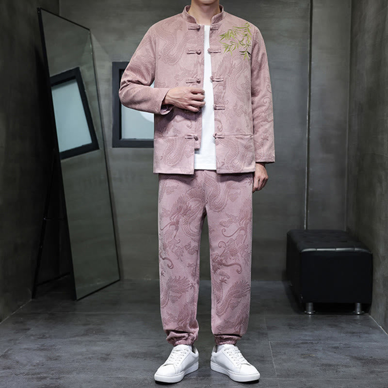 Buddha Stones 2点セット 春 龍 竹 雲 メンズ 唐装 カエルボタン コットン 長袖 ジャケット パンツ セット ポケット付き - image 34