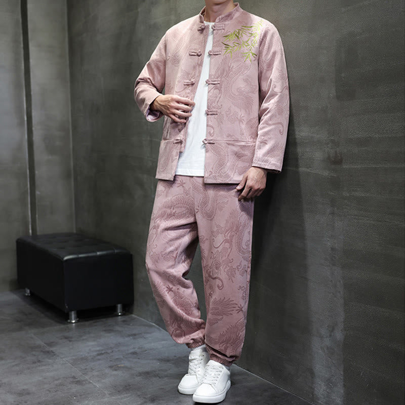 Buddha Stones 2点セット 春 龍 竹 雲 メンズ 唐装 カエルボタン コットン 長袖 ジャケット パンツ セット ポケット付き - image 32