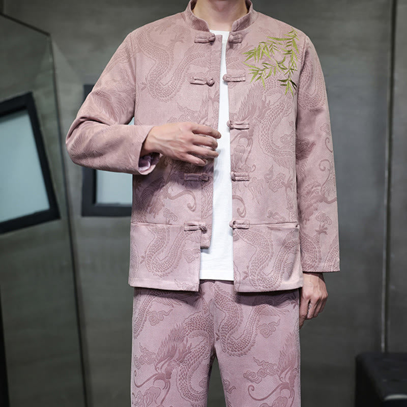 Buddha Stones 2点セット 春 龍 竹 雲 メンズ 唐装 カエルボタン コットン 長袖 ジャケット パンツ セット ポケット付き - image 38