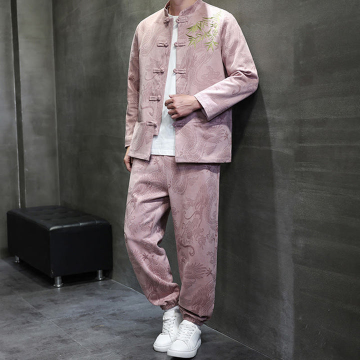 Buddha Stones 2点セット 春 龍 竹 雲 メンズ 唐装 カエルボタン コットン 長袖 ジャケット パンツ セット ポケット付き - image 36