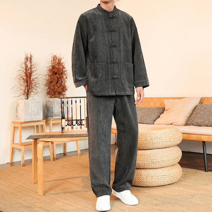 Buddha Stones 2点セット 冬用 厚手 メンズ 唐装 カエルボタン コットン コーデュロイ 長袖 ジャケット パンツ セット ポケット付き - グレー - US/UK/AU46、 EU56 (5XL) - image 8