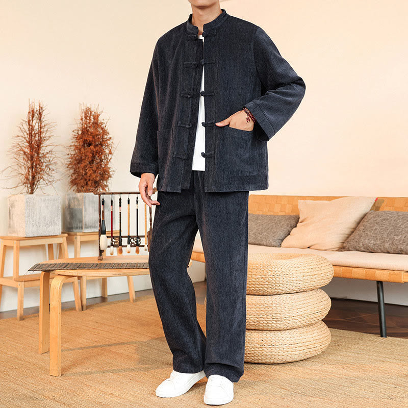 Buddha Stones 2点セット 冬用 厚手 メンズ 唐装 カエルボタン コットン コーデュロイ 長袖 ジャケット パンツ セット ポケット付き - image 1