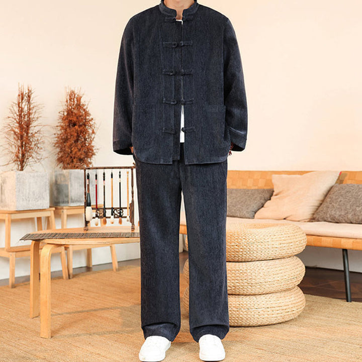 Buddha Stones 2点セット 冬用 厚手 メンズ 唐装 カエルボタン コットン コーデュロイ 長袖 ジャケット パンツ セット ポケット付き - スレートグレー - US/UK/AU46、 EU56 (5XL) - image 0