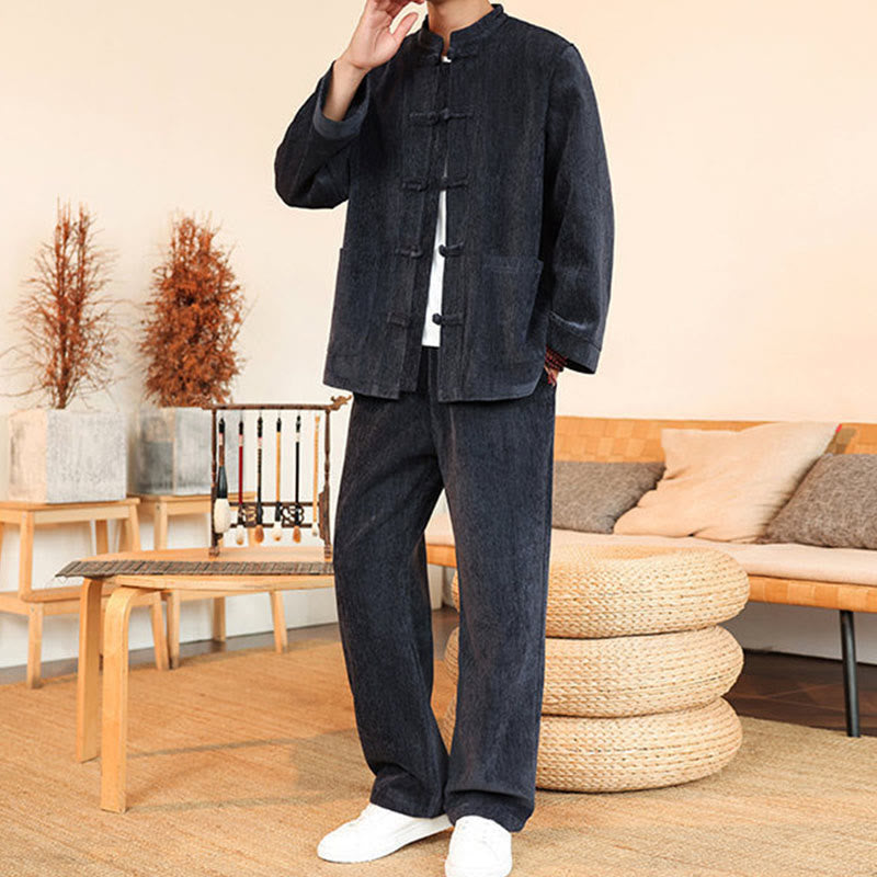 Buddha Stones 2点セット 冬用 厚手 メンズ 唐装 カエルボタン コットン コーデュロイ 長袖 ジャケット パンツ セット ポケット付き - image 3