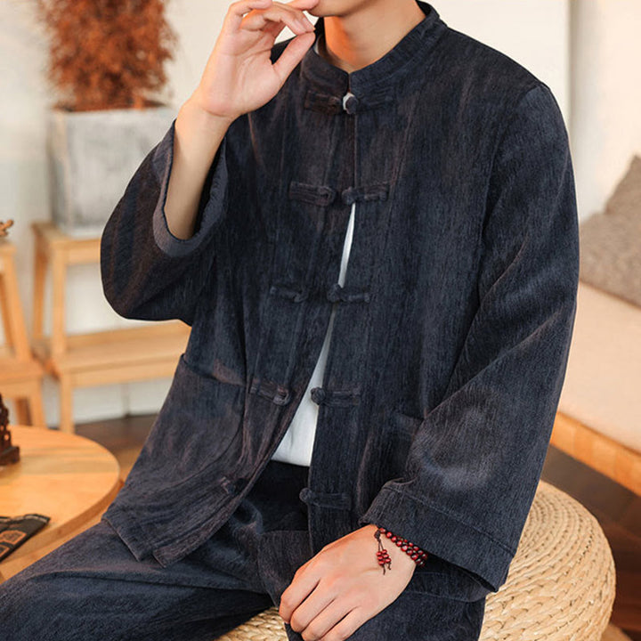 Buddha Stones 2点セット 冬用 厚手 メンズ 唐装 カエルボタン コットン コーデュロイ 長袖 ジャケット パンツ セット ポケット付き - image 6