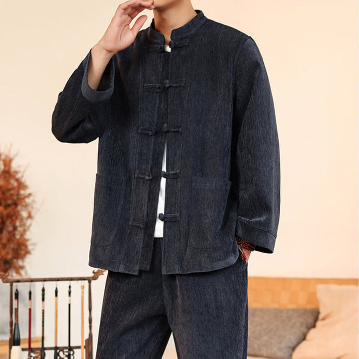 Buddha Stones 2点セット 冬用 厚手 メンズ 唐装 カエルボタン コットン コーデュロイ 長袖 ジャケット パンツ セット ポケット付き - image 7