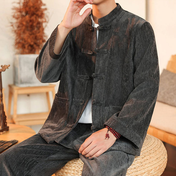 Buddha Stones 2点セット 冬用 厚手 メンズ 唐装 カエルボタン コットン コーデュロイ 長袖 ジャケット パンツ セット ポケット付き - image 16