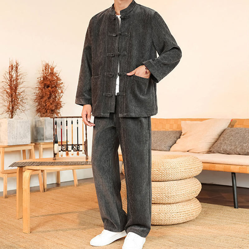 Buddha Stones 2点セット 冬用 厚手 メンズ 唐装 カエルボタン コットン コーデュロイ 長袖 ジャケット パンツ セット ポケット付き - image 9