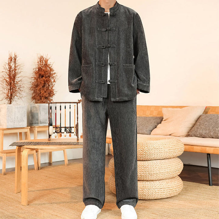 Buddha Stones 2点セット 冬用 厚手 メンズ 唐装 カエルボタン コットン コーデュロイ 長袖 ジャケット パンツ セット ポケット付き - image 13