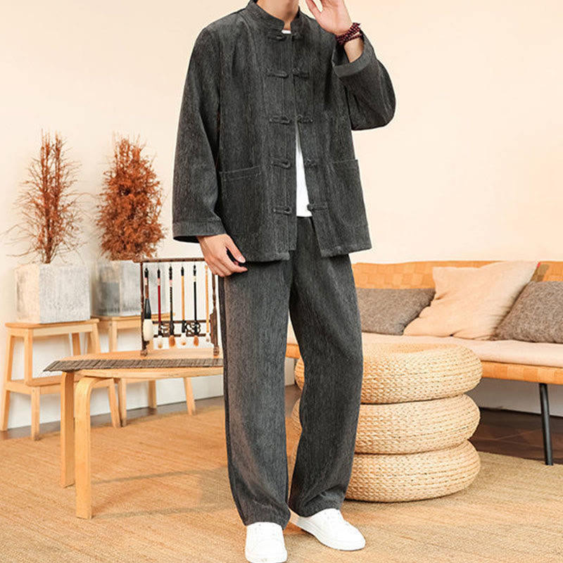 Buddha Stones 2点セット 冬用 厚手 メンズ 唐装 カエルボタン コットン コーデュロイ 長袖 ジャケット パンツ セット ポケット付き - image 15