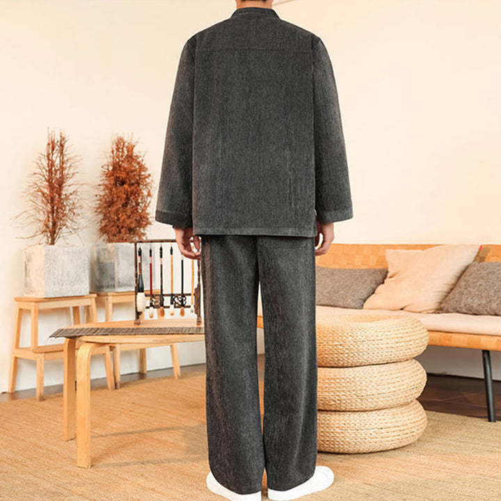 Buddha Stones 2点セット 冬用 厚手 メンズ 唐装 カエルボタン コットン コーデュロイ 長袖 ジャケット パンツ セット ポケット付き - image 12