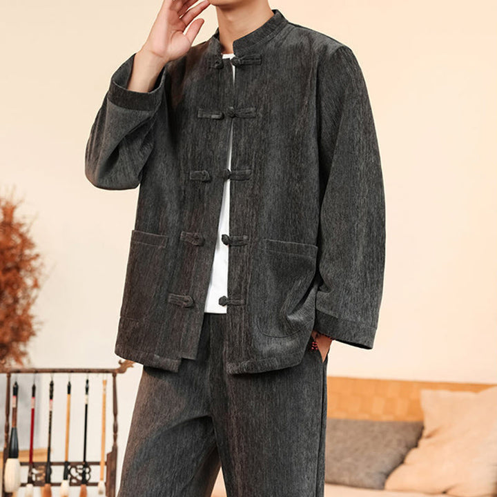 Buddha Stones 2点セット 冬用 厚手 メンズ 唐装 カエルボタン コットン コーデュロイ 長袖 ジャケット パンツ セット ポケット付き - image 17