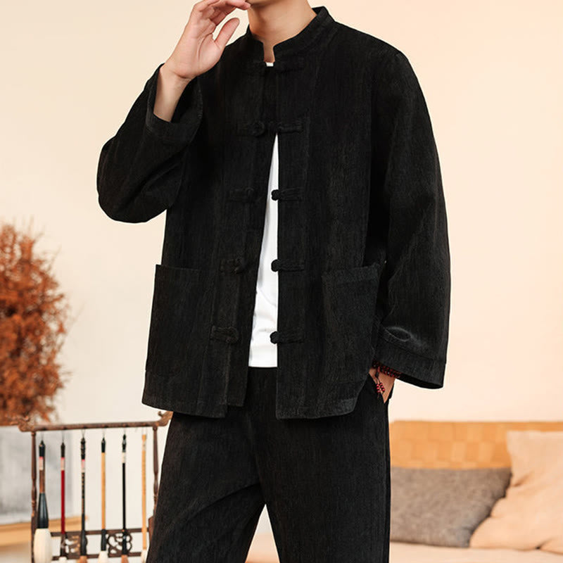 Buddha Stones 2点セット 冬用 厚手 メンズ 唐装 カエルボタン コットン コーデュロイ 長袖 ジャケット パンツ セット ポケット付き - image 30