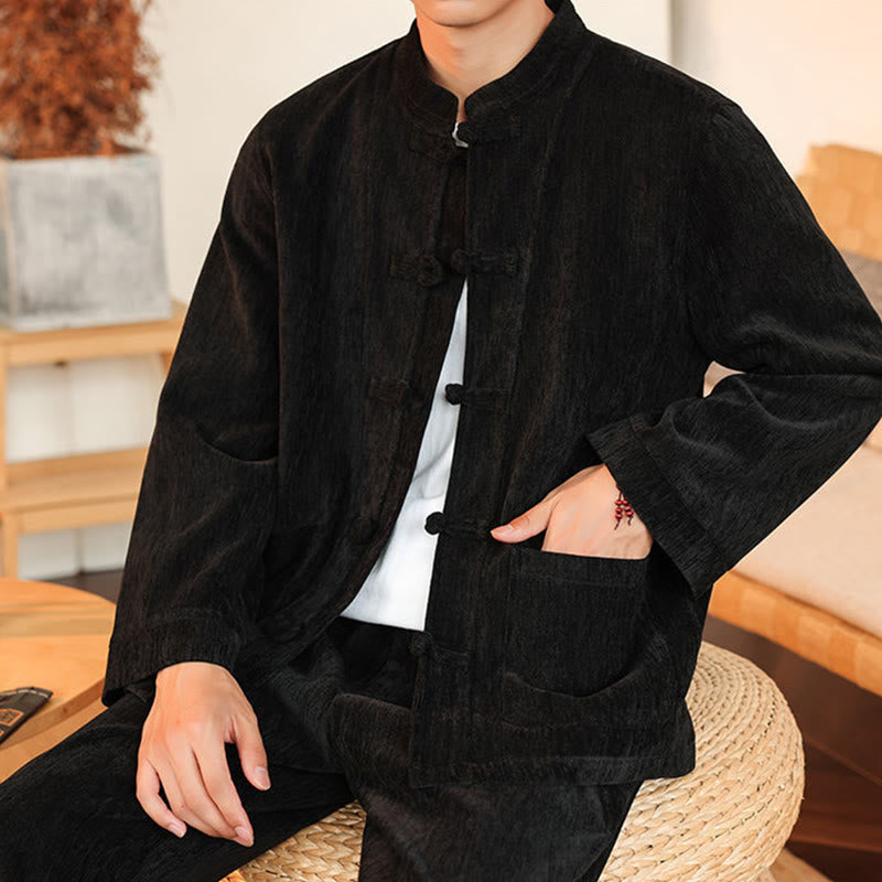 Buddha Stones 2点セット 冬用 厚手 メンズ 唐装 カエルボタン コットン コーデュロイ 長袖 ジャケット パンツ セット ポケット付き - image 29