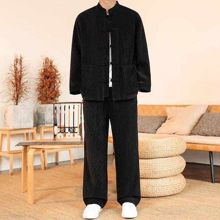 Buddha Stones 2点セット 冬用 厚手 メンズ 唐装 カエルボタン コットン コーデュロイ 長袖 ジャケット パンツ セット ポケット付き - image 23