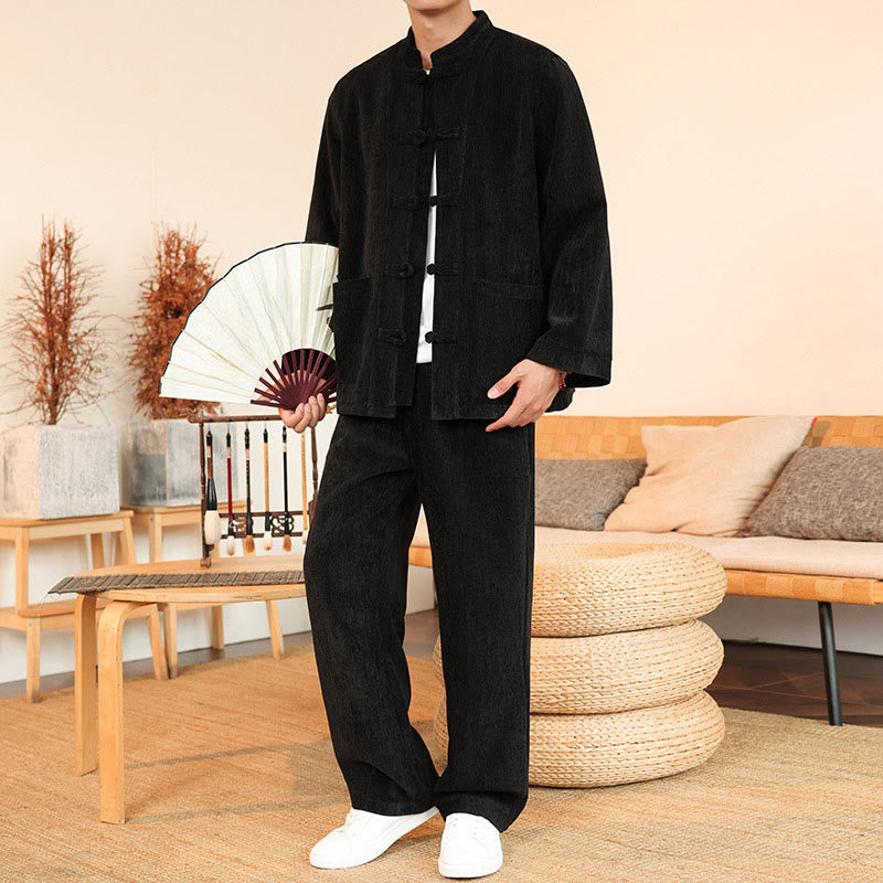 Buddha Stones 2点セット 冬用 厚手 メンズ 唐装 カエルボタン コットン コーデュロイ 長袖 ジャケット パンツ セット ポケット付き - image 24