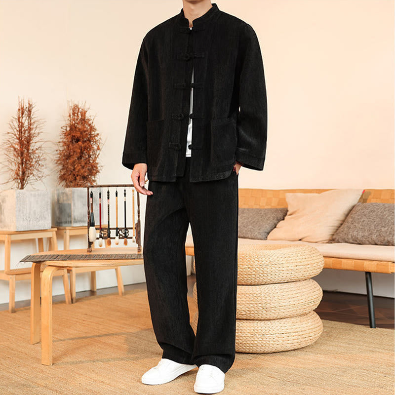 Buddha Stones 2点セット 冬用 厚手 メンズ 唐装 カエルボタン コットン コーデュロイ 長袖 ジャケット パンツ セット ポケット付き - image 27