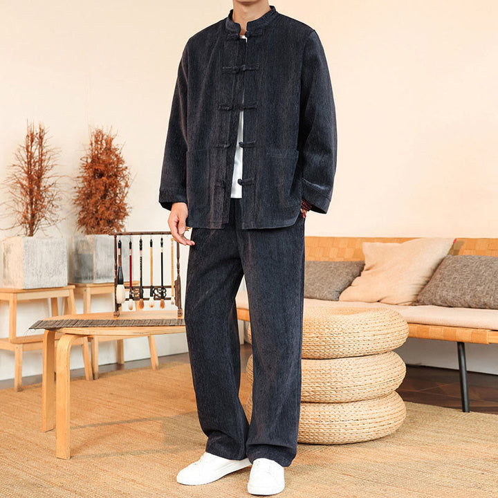 Buddha Stones 2点セット 冬用 厚手 メンズ 唐装 カエルボタン コットン コーデュロイ 長袖 ジャケット パンツ セット ポケット付き - image 4