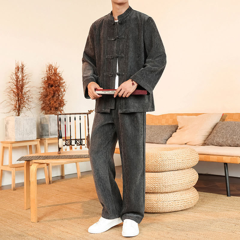 Buddha Stones 2点セット 冬用 厚手 メンズ 唐装 カエルボタン コットン コーデュロイ 長袖 ジャケット パンツ セット ポケット付き - image 10