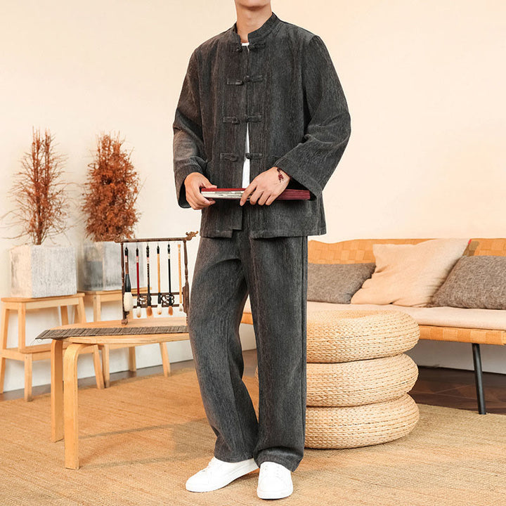 Buddha Stones 2点セット 冬用 厚手 メンズ 唐装 カエルボタン コットン コーデュロイ 長袖 ジャケット パンツ セット ポケット付き - image 10