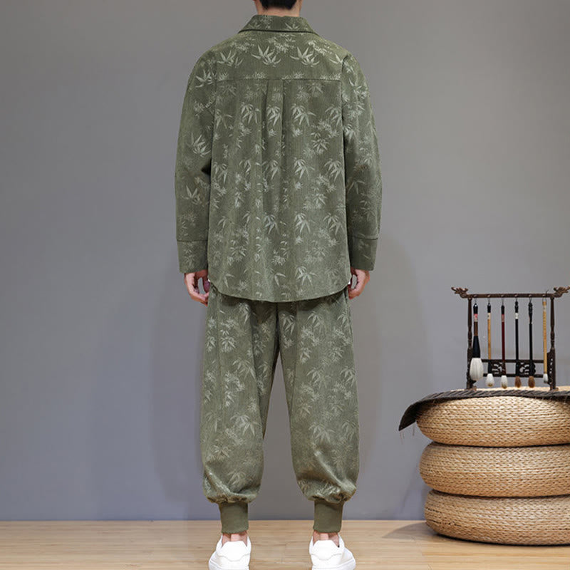 Buddha Stones 2点セット 冬用 厚手 竹 メンズ 唐装 カエルボタン コットン コーデュロイ 長袖 ジャケット パンツ セット ポケット付き - image 3