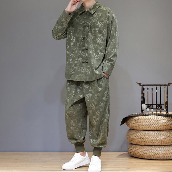 Buddha Stones 2点セット 冬用 厚手 竹 メンズ 唐装 カエルボタン コットン コーデュロイ 長袖 ジャケット パンツ セット ポケット付き - image 4