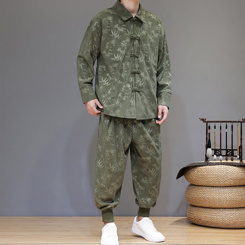 Buddha Stones 2点セット 冬用 厚手 竹 メンズ 唐装 カエルボタン コットン コーデュロイ 長袖 ジャケット パンツ セット ポケット付き - image 5